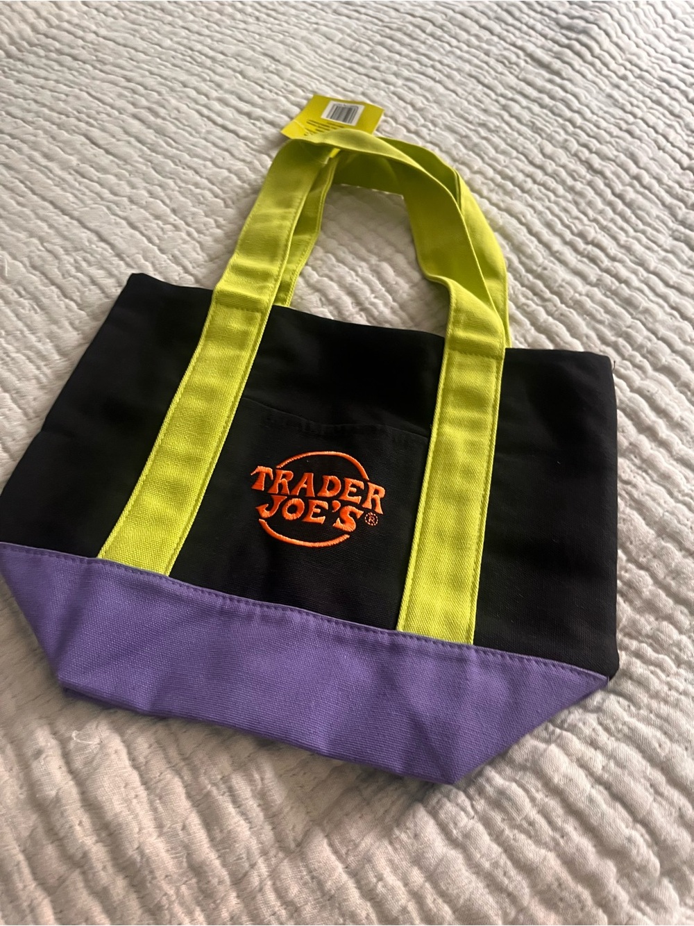Trader Joe's Black Canvas Tote with Lime Handles and Purple Base - Picture 2 of 6